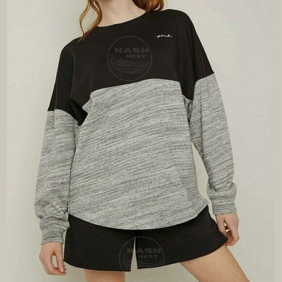 VICTORIA'S SECRET PINK XL Oversized Varsity Crew Pullover | Black Sweatshirt Top - Picture 3 of 9